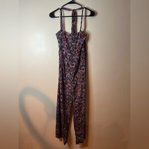 Anthropologie Raga Black Multi Floral Wide Leg Halter Jumpsuit EUC